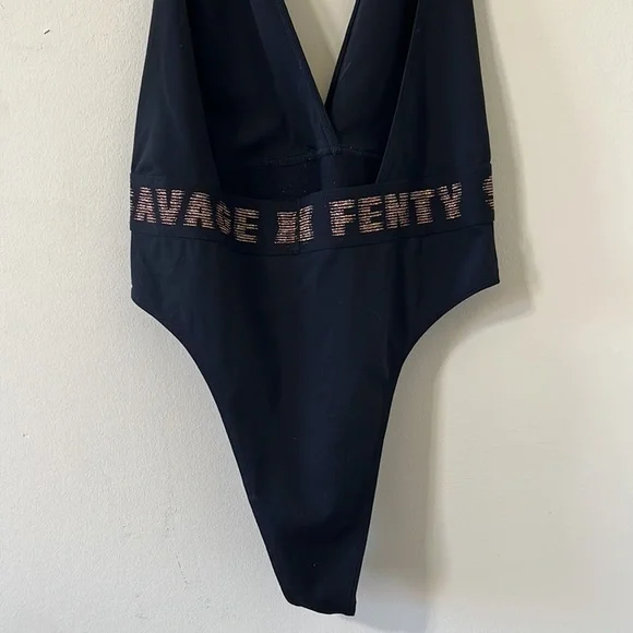 Savage X Fenty Rose Gold Logo Halter Plunge Bodysuit Black Caviar Size M - Picture 9 of 11